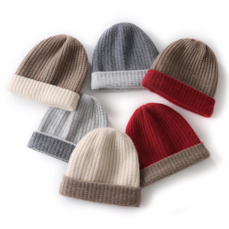 Autumn and Winter New% Cashmere Thickened Soft Waxy Warm Color Matching Knitted Men's and Women's Cashmere Hats Are In Stock