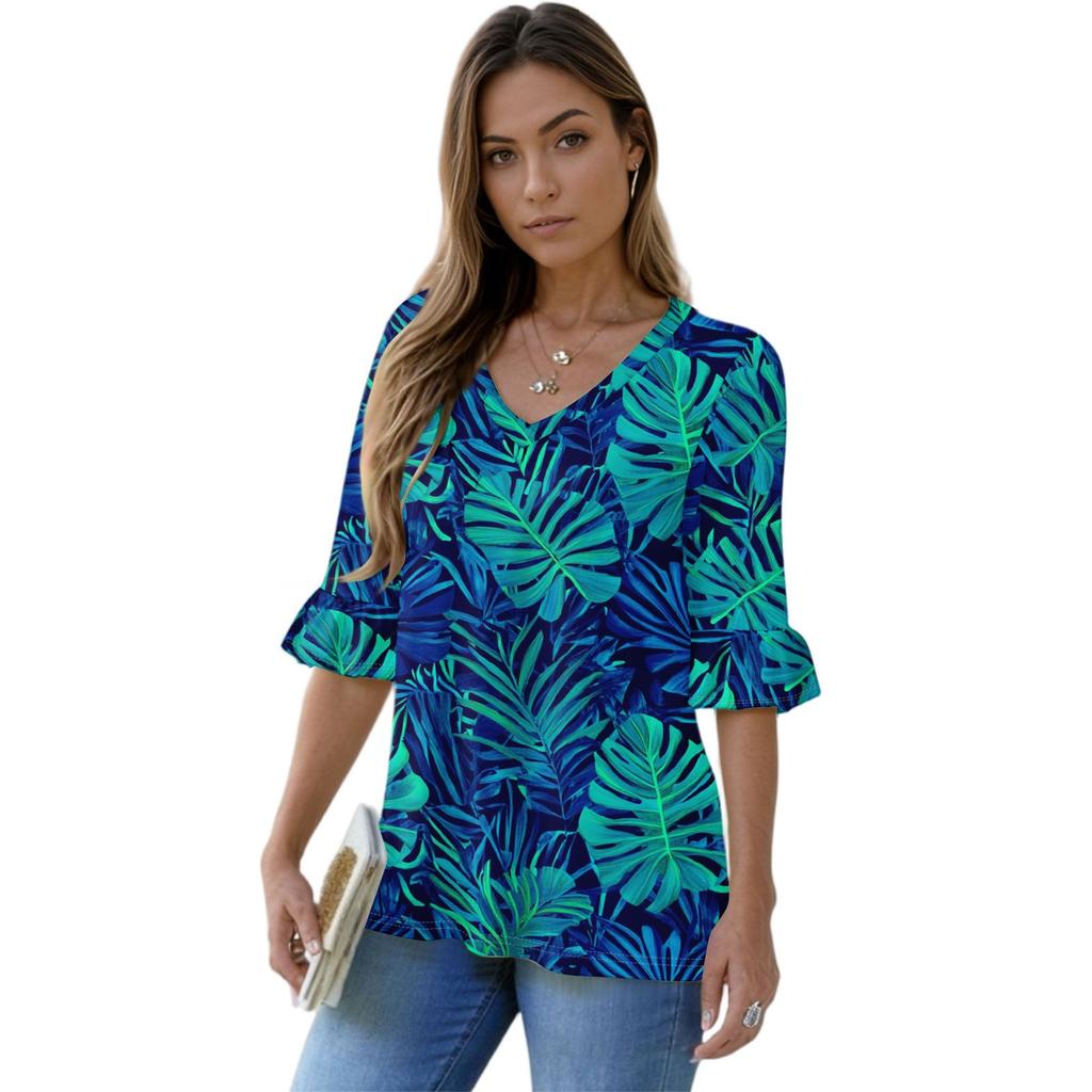 Women's Casual 3/4 Sleeve Tops V-Neck Sleeve T-Shirt Floral Print Tops
