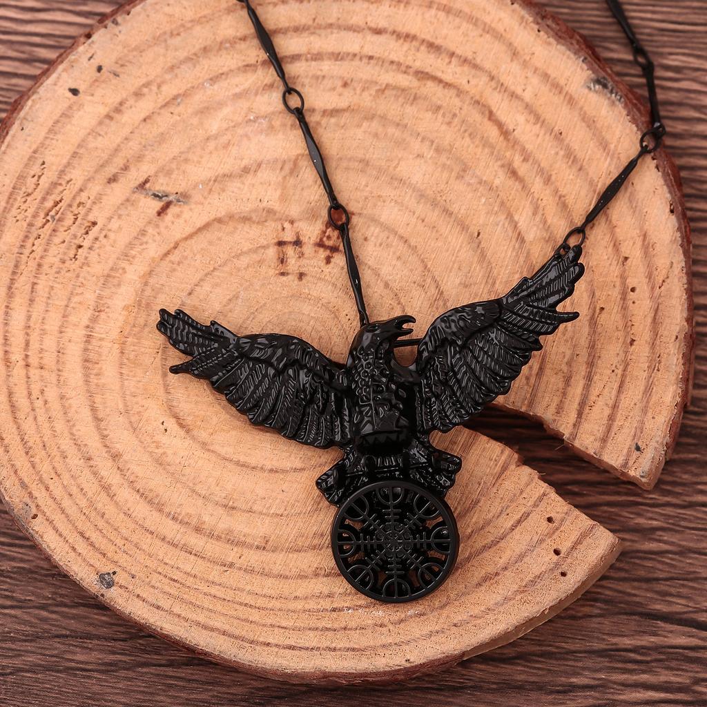 Vintage Viking Black Crow Necklace Odin Raven Compass Rune Pendant Keychain for Men Women Gothic Jewelry