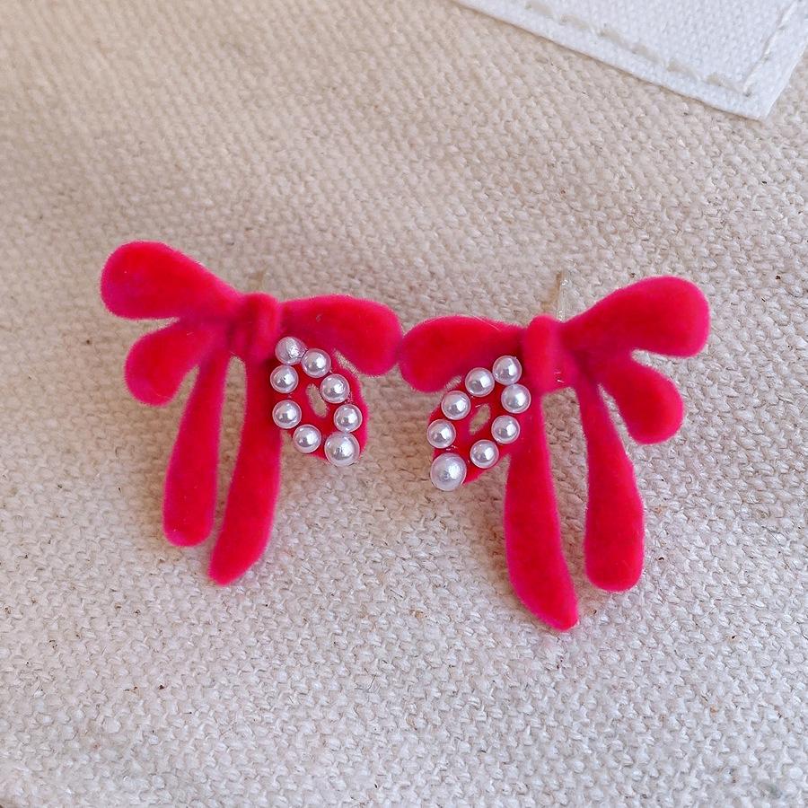 Sweet Flocking Bow Pearl Stud Earrings Autumn and Winter Vintage Versatile Earrings Earrings