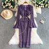 French Celebrity Muse Fan Flocking Lace V-Neck Horn Long Sleeve Design Chain Waist Skinny Dress Dress
