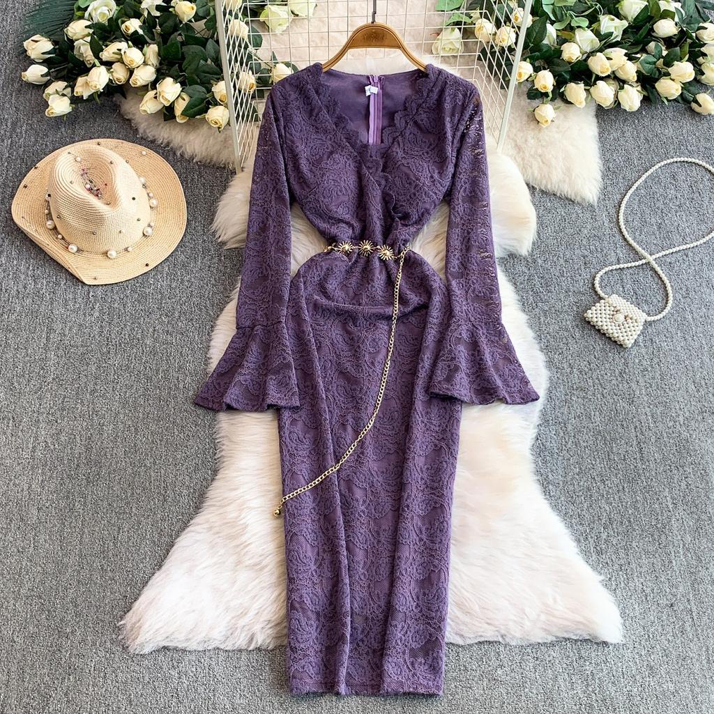 French Celebrity Muse Fan Flocking Lace V-Neck Horn Long Sleeve Design Chain Waist Skinny Dress Dress