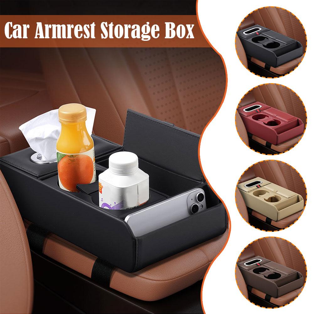 Car Armrest Box Heightening Pad Multifunctional Storage Organizer Vehicle Storage Water Case Holder Box Luxury Cup Tissue J4R3