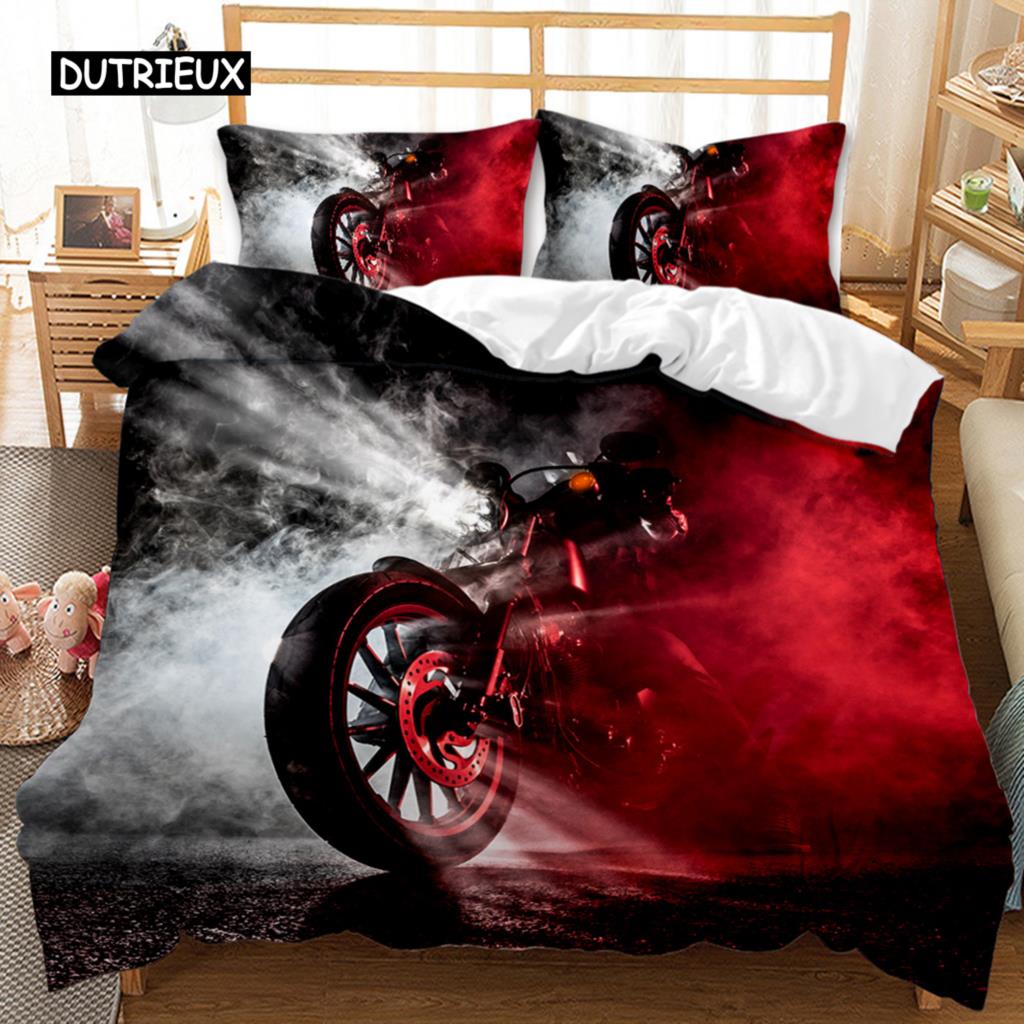 Motorbike Duvet Cover Set Motocross Rider Racing Motorcycle Dirt Bike Bedding Set Vehicles Extreme Sports Polyester Quilt Cover