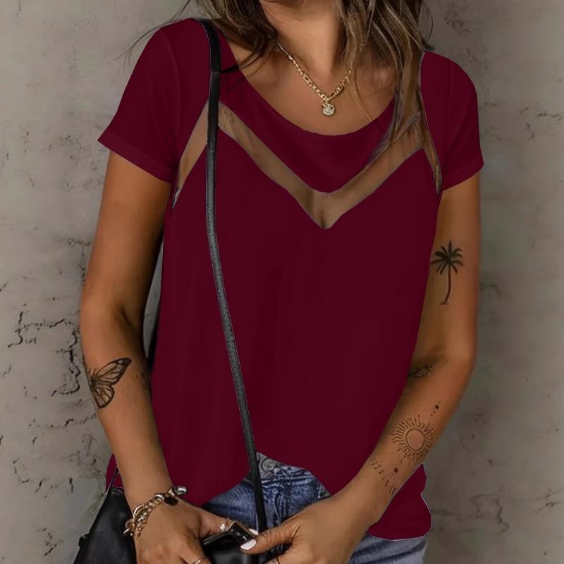 Summer Solid Color Slim Fit Fashionable Mesh Short Sleeved Women Shirt