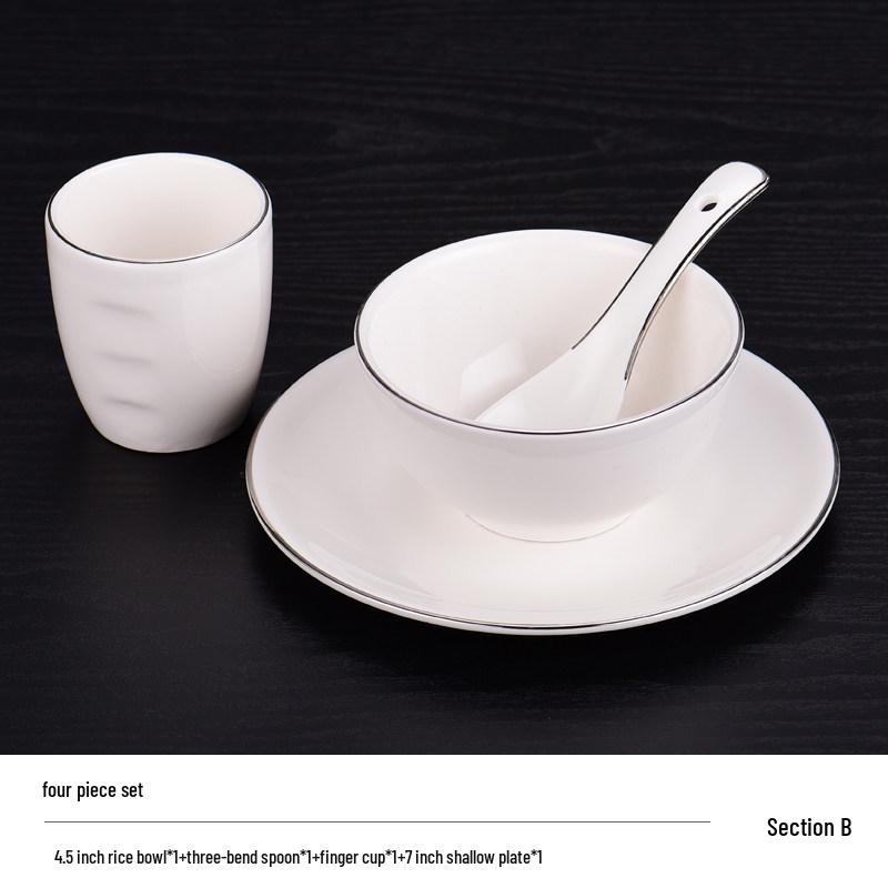 Elegant Ceramic Tableware Set: White with Platinum Rim - Includes Plates, Bowls, and Dishes for Restaurants or Clubhouses, Available in 3 or 4 Pieces