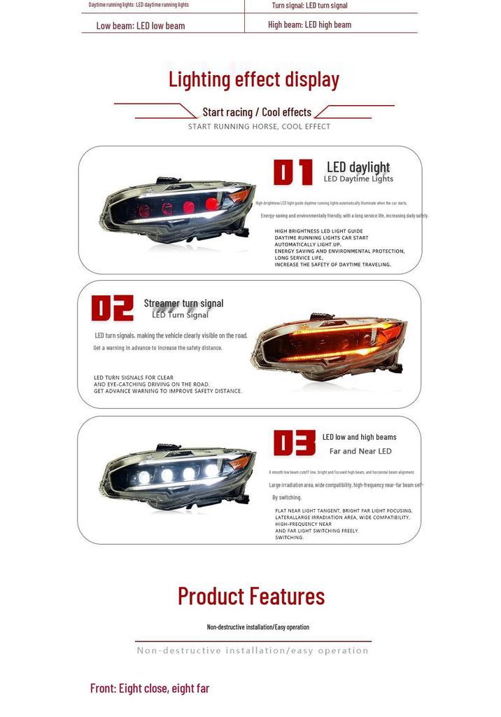 Compatible LED Projector Headlights with DRL and Flowing Turn Signals for 2016–2021 10th Gen Civic.