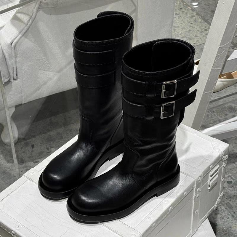 Cowhide version~ 2025 autumn and winter new leather black retro mid-tube western cowboy boots women's thick-soled Martin boots women's