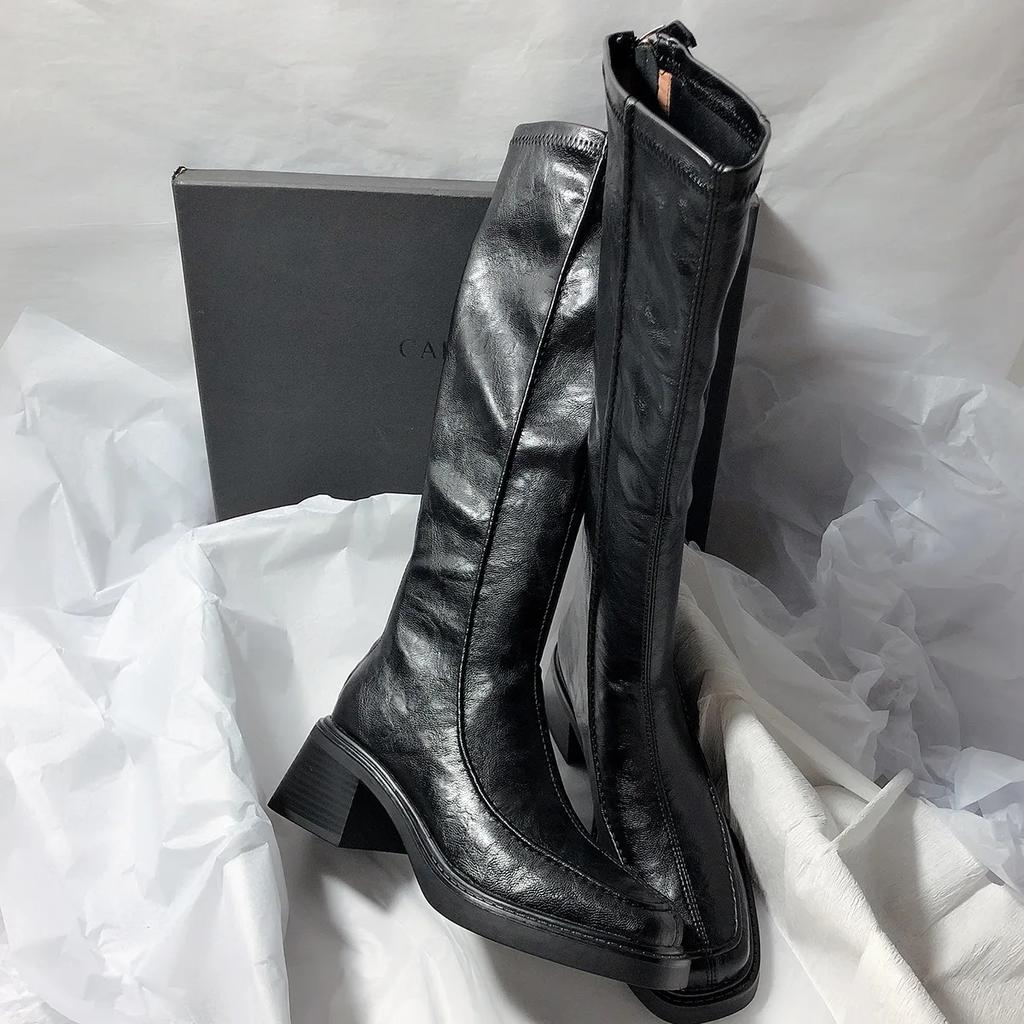 Autumn Winter New High-heeled Women's Boots, Square Toe Elastic Boots, Thick Heel Knee High Boots