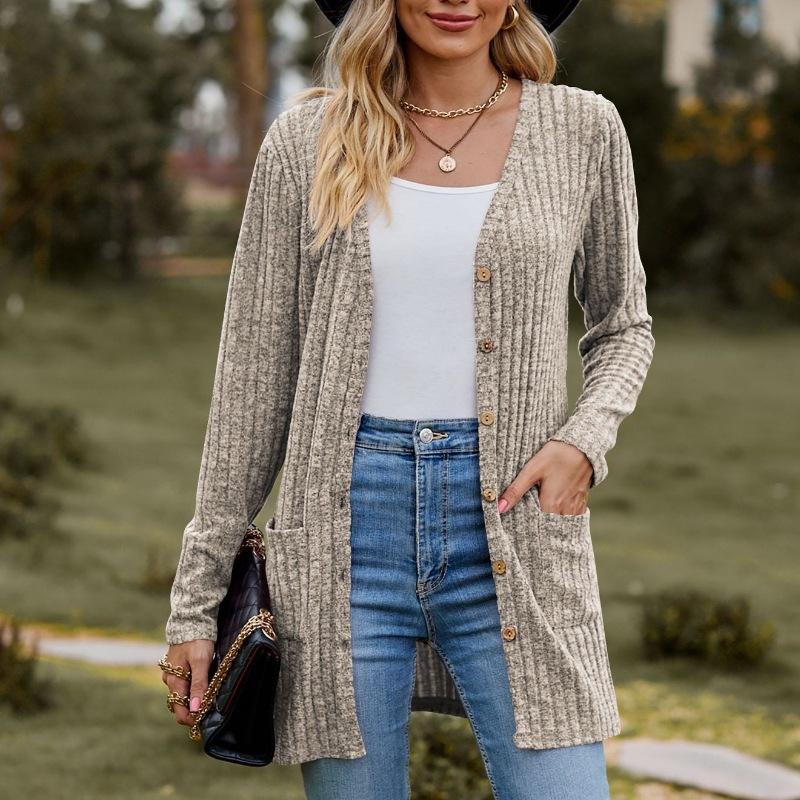 Women's Solid Color Brushed Striped Cardigan with Buttoned Jacket Design