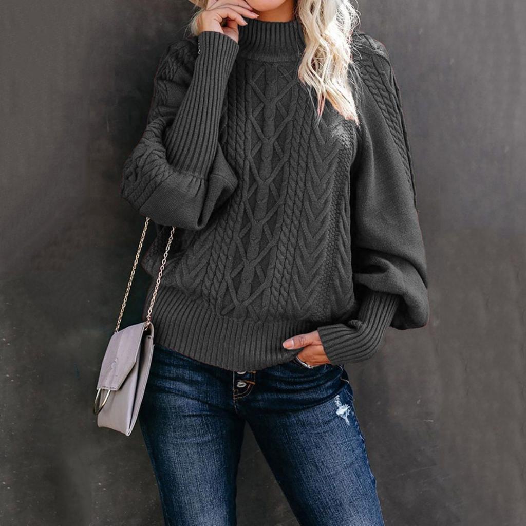Winter Women's Solid Mock Neck Sweater, Loose Long Sleeve Knit Top