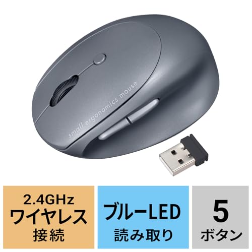 SANWA SUPPLY MA-EWBS522BK Silent Wireless Compact Ergonomic Mouse (Rechargeable, 5 Buttons, Black)