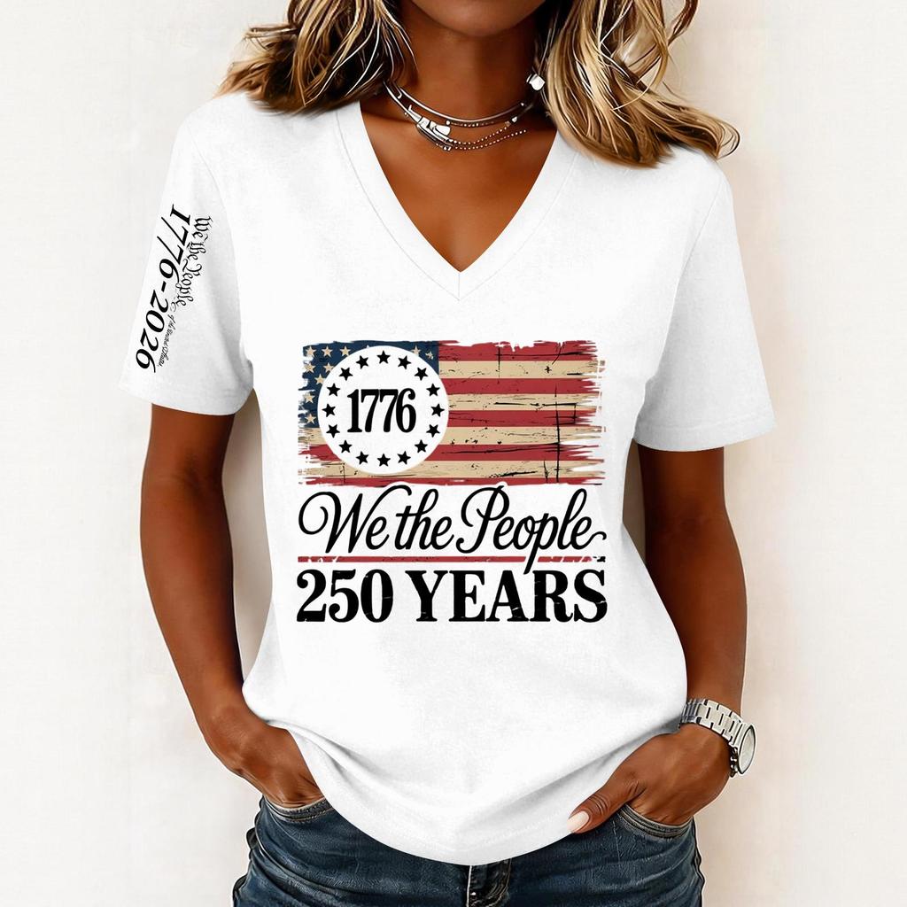 Women’s Fashion Casual Short Sleeve V Neck Pullover Top with 1776 and We the People 250 Years Graphic Print for Everyday Wear