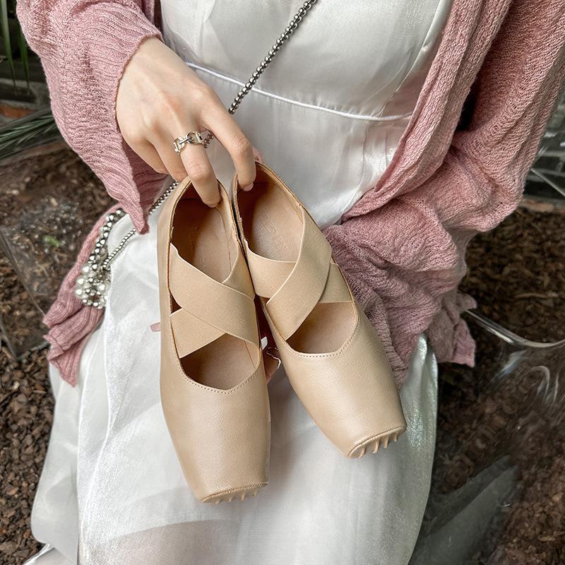 Grape Mom Studiolee High Heel Mary Jane Single Shoes Vintage Cross Strap Square Head Cowhide Cowhide Coarse Heel Ballet Shoes