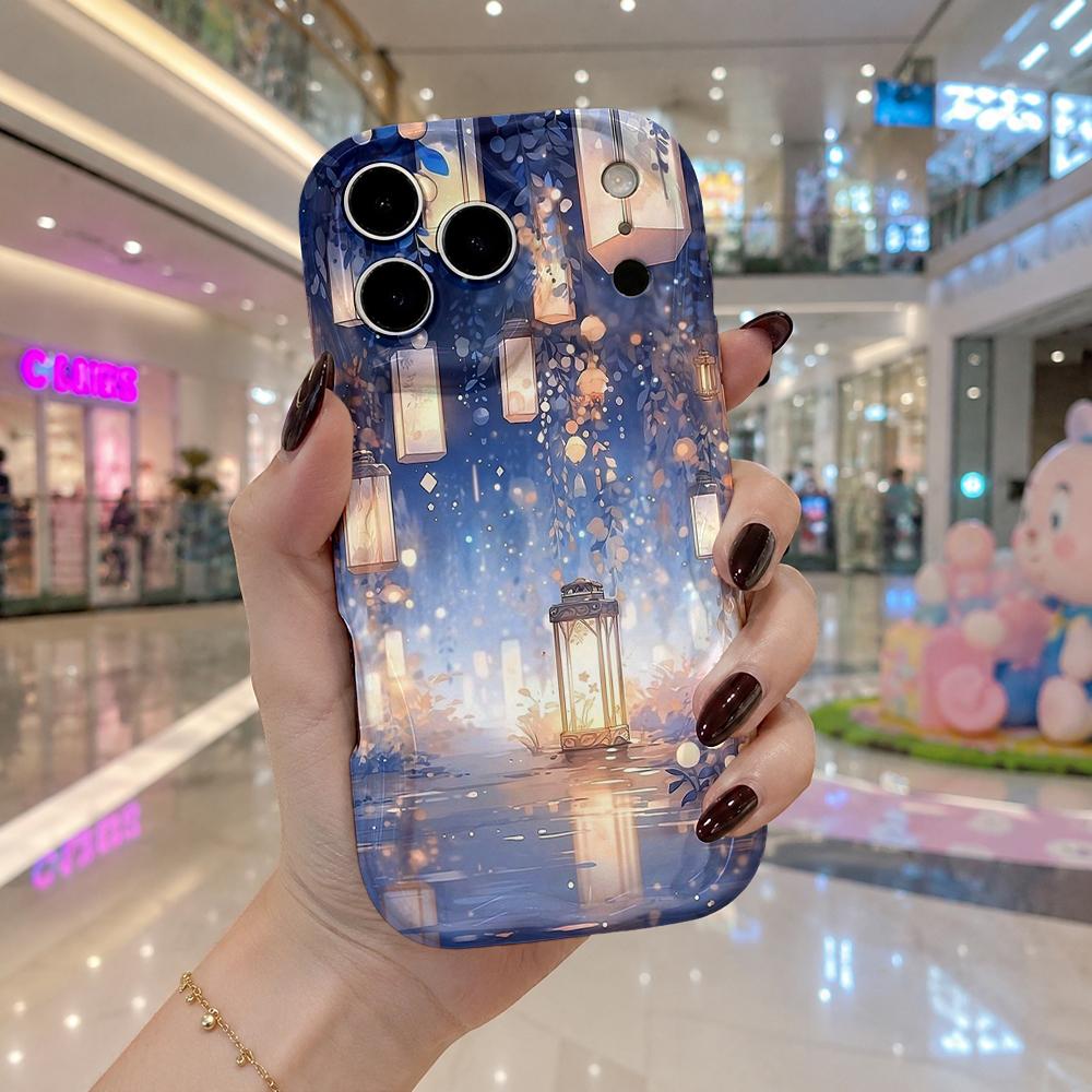 Night Sky Ancient Lantern Wavy Edge Phone Case For iPhone 16 15 14 Pro Max 13 12 11 Mini XR XS SE 2020 7 8 Plus Air Cover