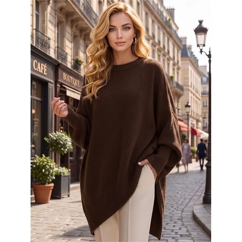 Womens Loose Fit Pullover Sweater Solid Color Long Sleeve Round Neck Knit Top Fall 2025