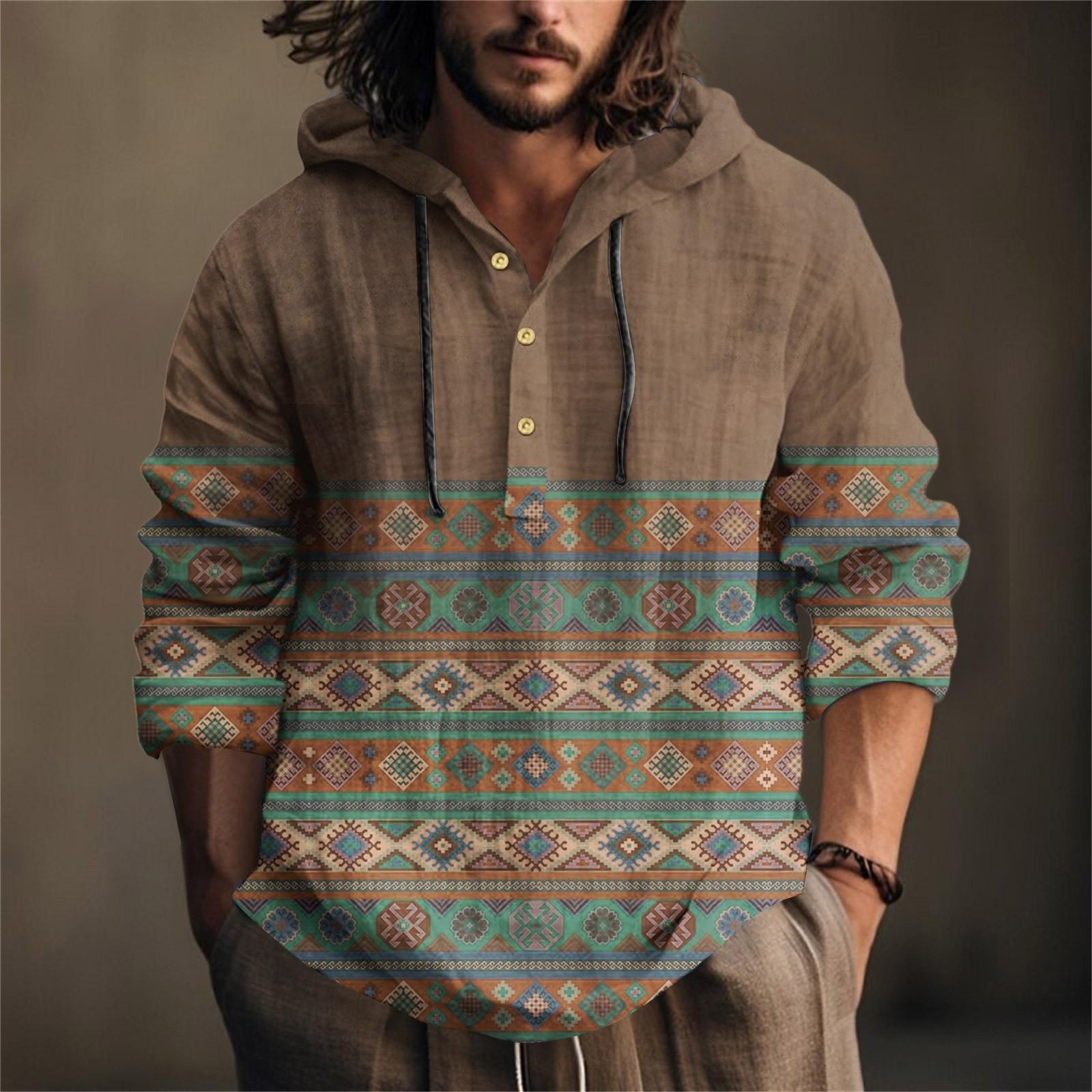 

Мужская хлопково-льняная рубашка с принтом, с капюшоном, с длинным рукавом, с капюшоном, весенне-летняя, повседневная для ежедневной носки M кофейный