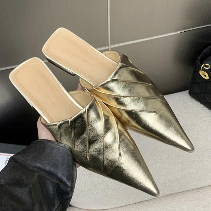 Fashion Elegant Women Slippers Pointed Toe Heels Mules Shoes Fashion Women's Sandals 2025 Summer Brand Flip Flops Luxury Mujer Zapatos