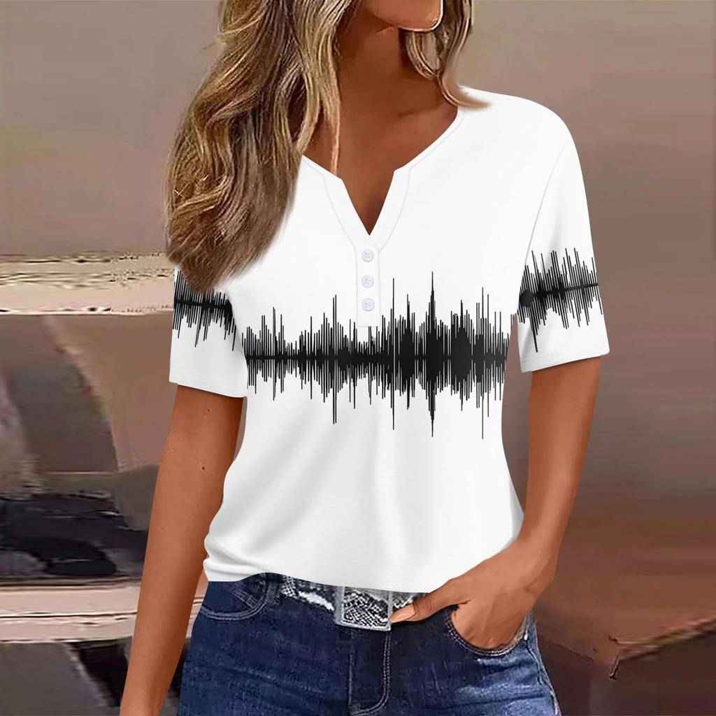 Dámské ležérní tričko s potiskem, výstřihem do V, krátkým rukávem a ozdobnými knoflíky