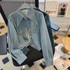 Women's Washed Retro Denim Jacket - Spring & Autumn Irregular Lapel, Long Sleeve, Short Hong Kong Style Shirt