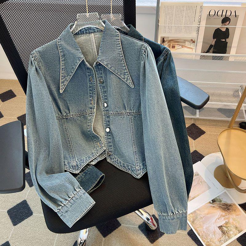 Women's Washed Retro Denim Jacket - Spring & Autumn Irregular Lapel, Long Sleeve, Short Hong Kong Style Shirt