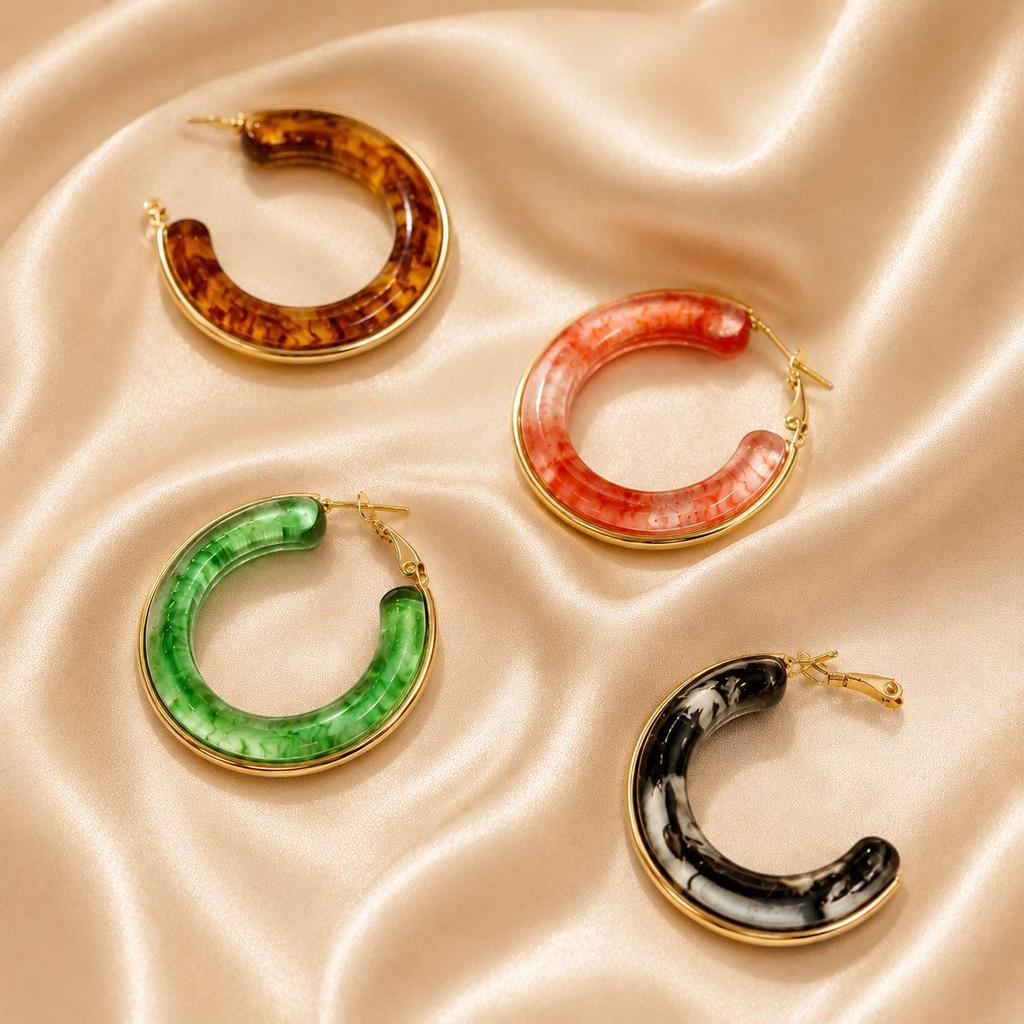 Low Saturation Minimalist Retro Round Hoop Earrings - Stainless Steel & Multi-color Resin
