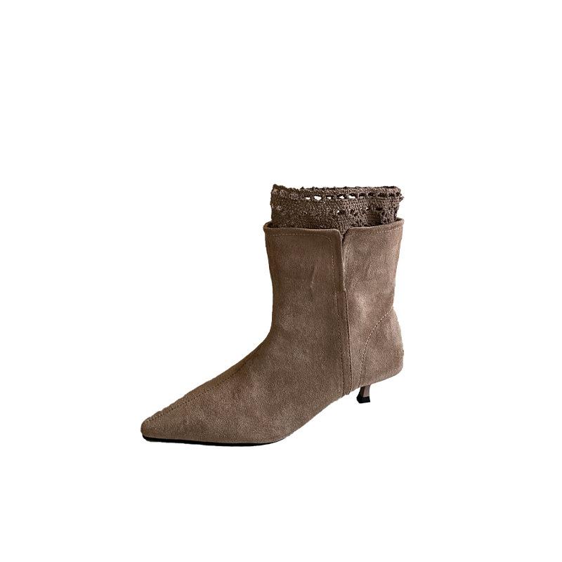 2025 Autumn and Winter New Pointed Head Thin Heel Short Heel Temperament French Fashion Sexy Beautiful Women Knitted Double Medium Boots