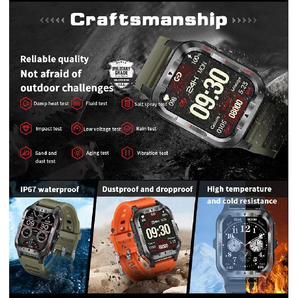Military Grade SmartWatch Men LED flashlight Waterproof Sports Fitness Tracker Health Monitor BT Call Smartwatch For Android iOS