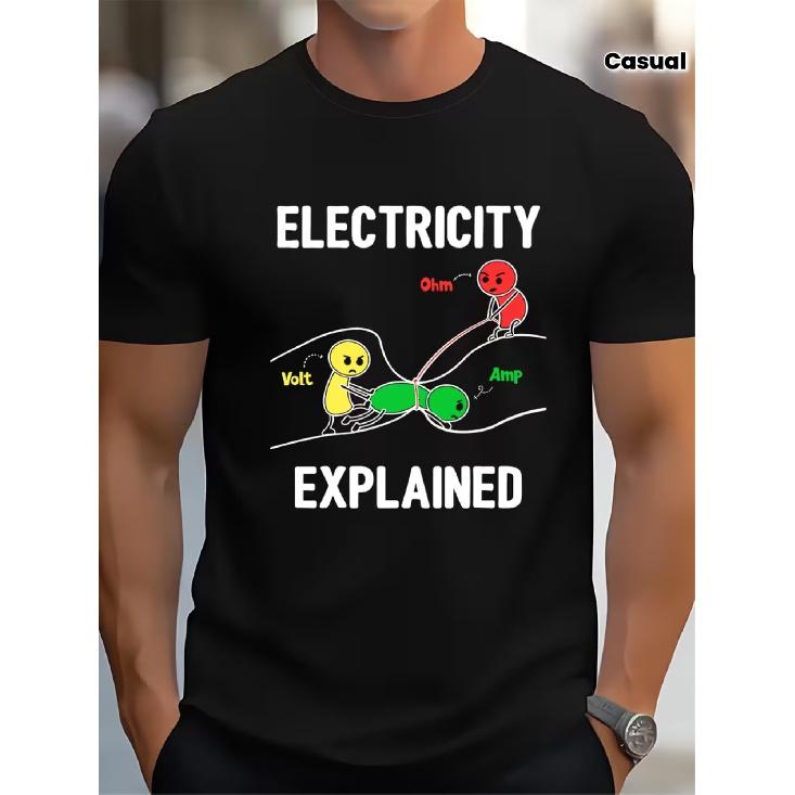 Ohm S Law and Circuit Diagram T-Shirt Voltage/Current/Resistance Icons, Casual Summer Crew Neck, Slight Stretch Fabric, Unisex Science Apparel, S чёрный