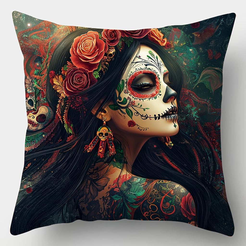 4PCS Skull Print Pillow Cases: Day of Dead Face Paint & Roses, Mysterious Glam for Parties, Home, Car (No Insert)