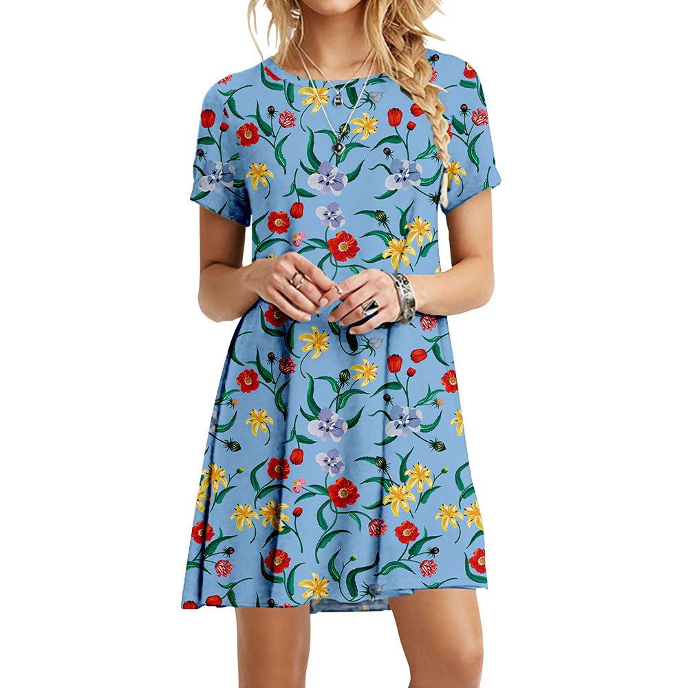Size S-6XL Floral Print Dress Women Loose Dresses Summer For Short Sleeve Fashion Round Neck Casual Plus Size Dress