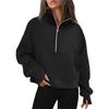 Women's Stand Collar Plus Fleece Solid Color Hoodie Long Sleeve Pocket Loose Half Zip Pullover Hoodie Top