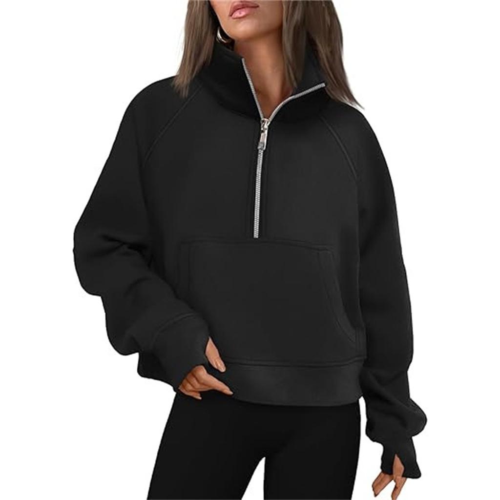 Women's Stand Collar Plus Fleece Solid Color Hoodie Long Sleeve Pocket Loose Half Zip Pullover Hoodie Top
