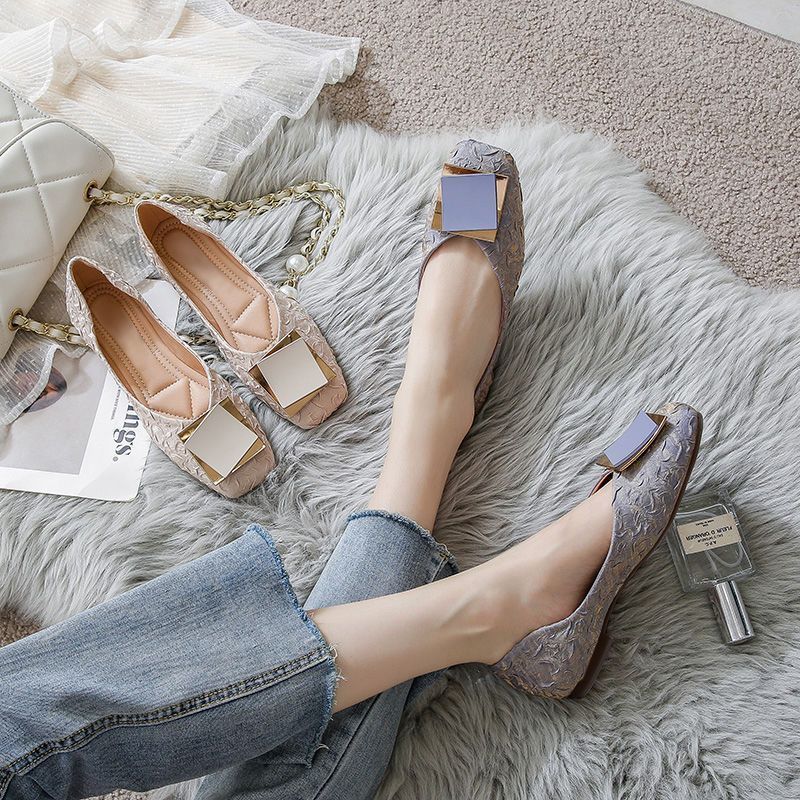 Fairy Wind Gentle Single Shoes Late Evening Wind Square Head Flat Bottom Laden Shoes New French Boat Shoes Female Summer Bean Shoes Female