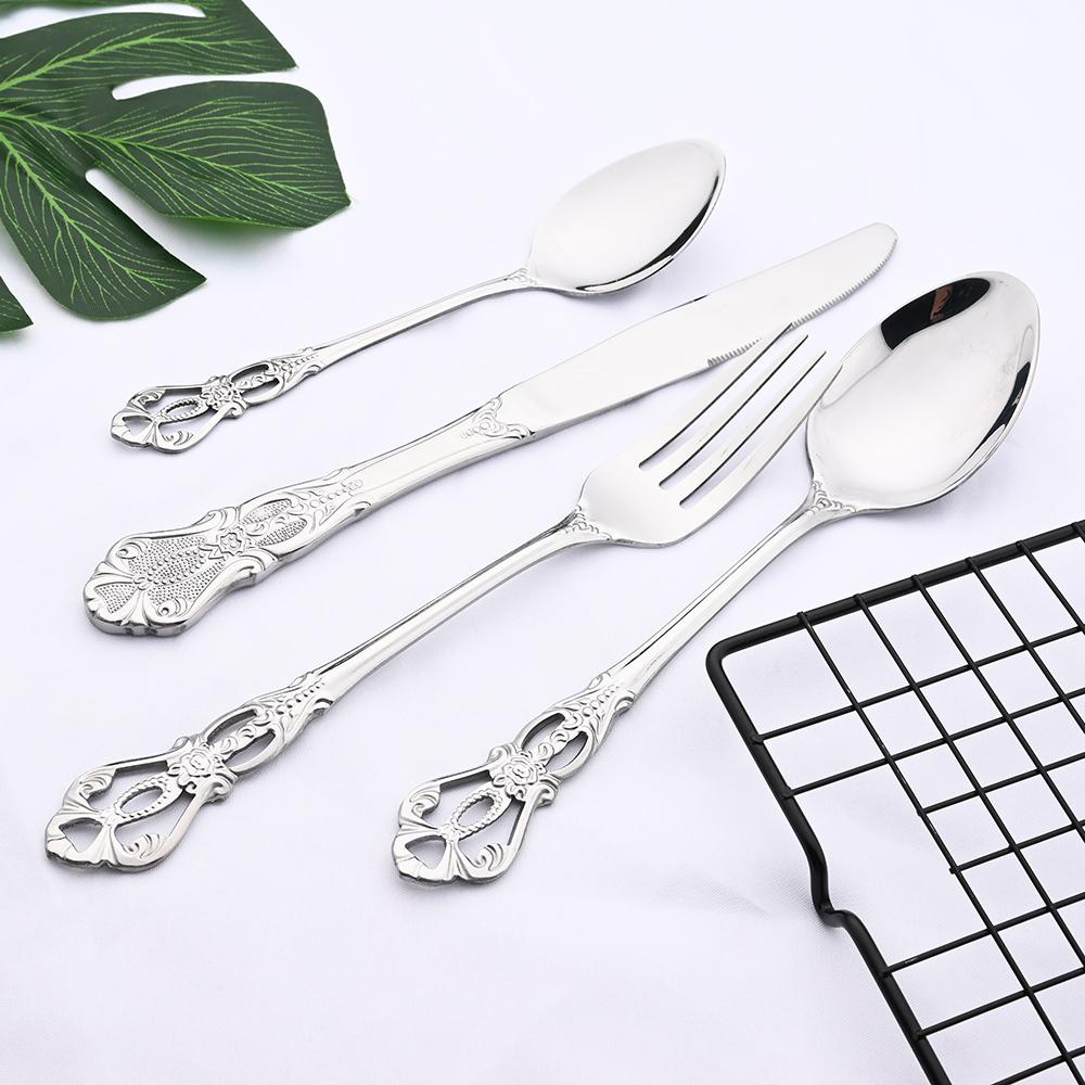 24PCS Vintage Tableware Cutlery Set Dinner Knife Fork Spoon Flatware Set Western Style Luxury Engraving Dinnerware with Rack Set
