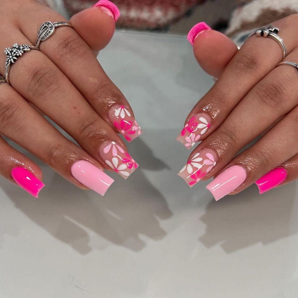 

24pcs French Fake Nials Flowers Glitter Press on Nails Manicure Nail Tips Women