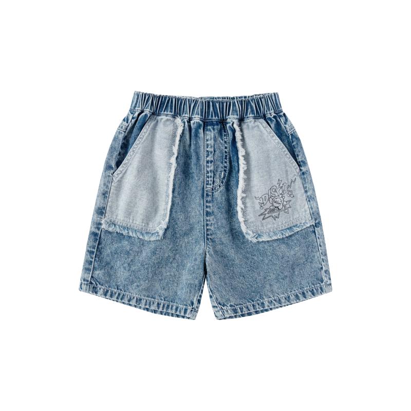 Balabala Children's Cartoon Print Raw Edge Denim Shorts