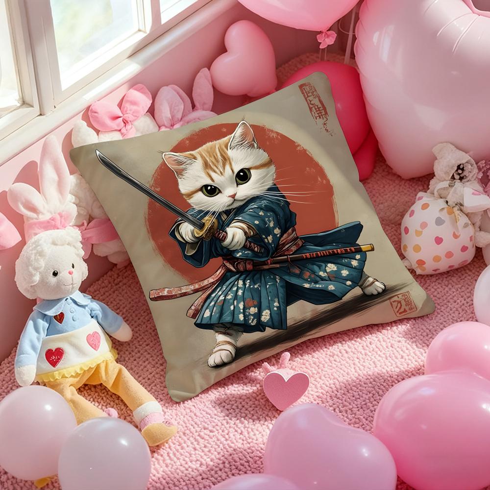 Japanese Style Samurai Cat Cushion Cover Pattern Printed Pillowcase for Living Room Sofa Cushion Cover & Bedroom Decor