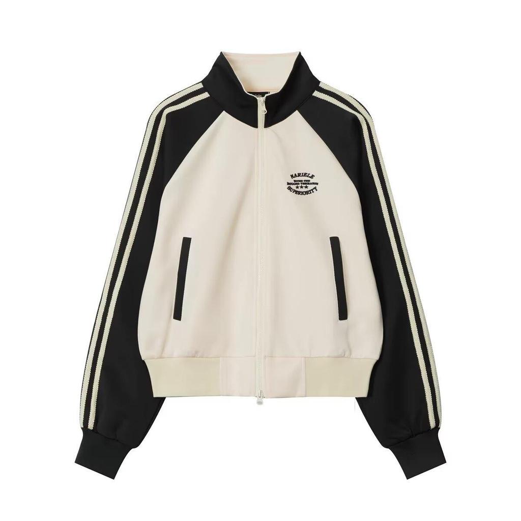 "Women's Slim Fit Striped Stand Collar Cardigan - College Style, Contrast Stitching"
