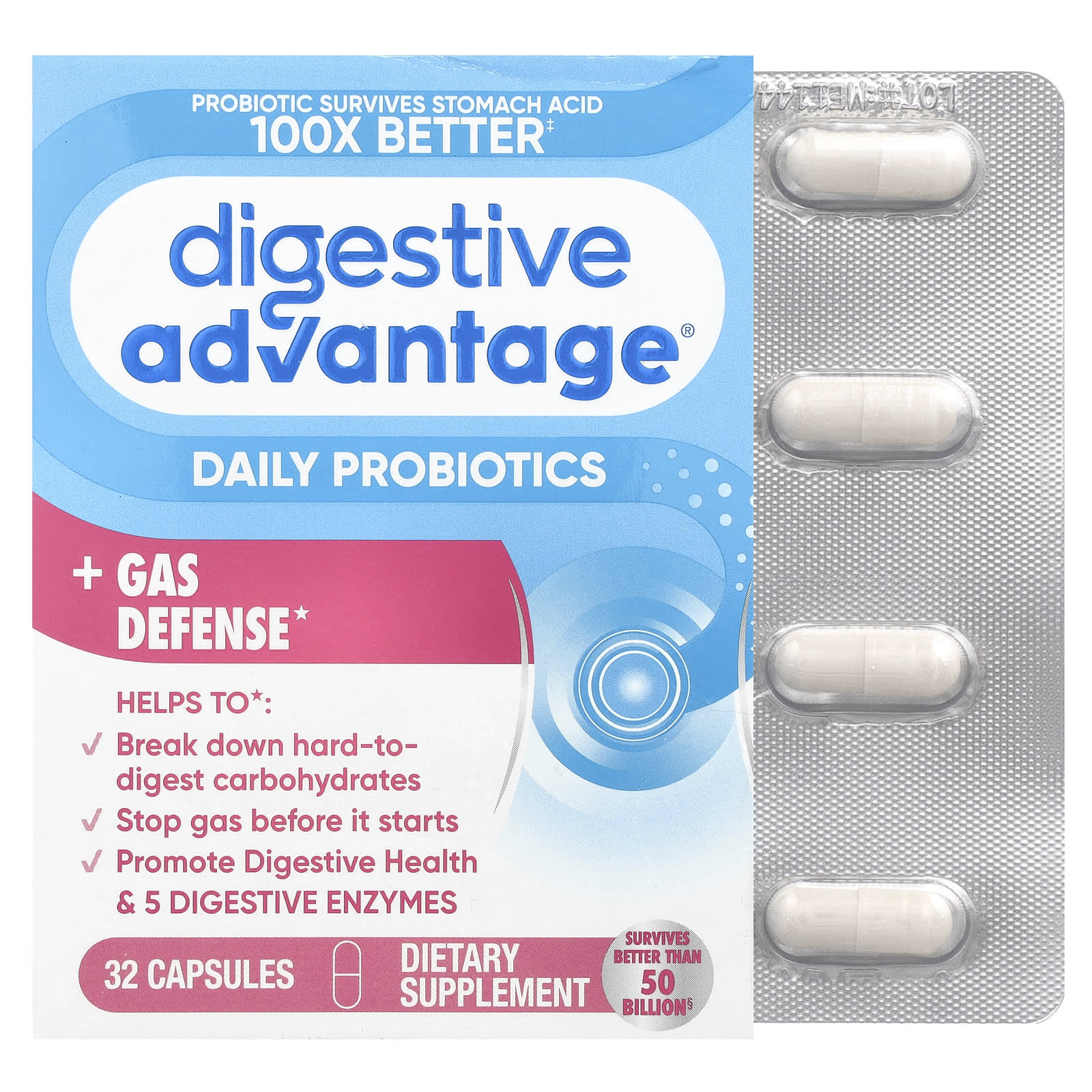 

Schiff, Digestive Advantage, щоденний пробіотик + захист від газів, 32 капсули