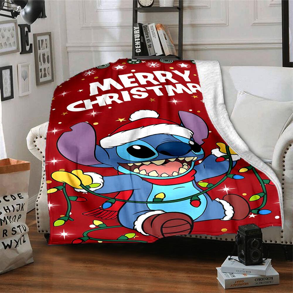Merry Christmas Stitch Flannel Blanket Super Soft Warm Cozy Blanket for Sofa Bed Office Travel All‑Season Home Decor Gift