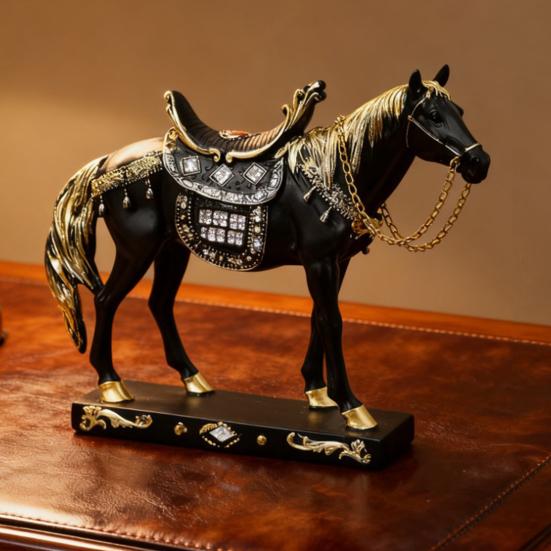 Retro Horse Statue Desktop Artistic Horse Figurine with Base Golden Painted Resin Horse Sculpture