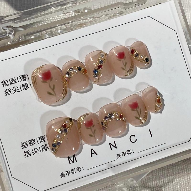 

Hand-Painted Rose & Diamond Wearable False Nail Tips with Removable Adhesive