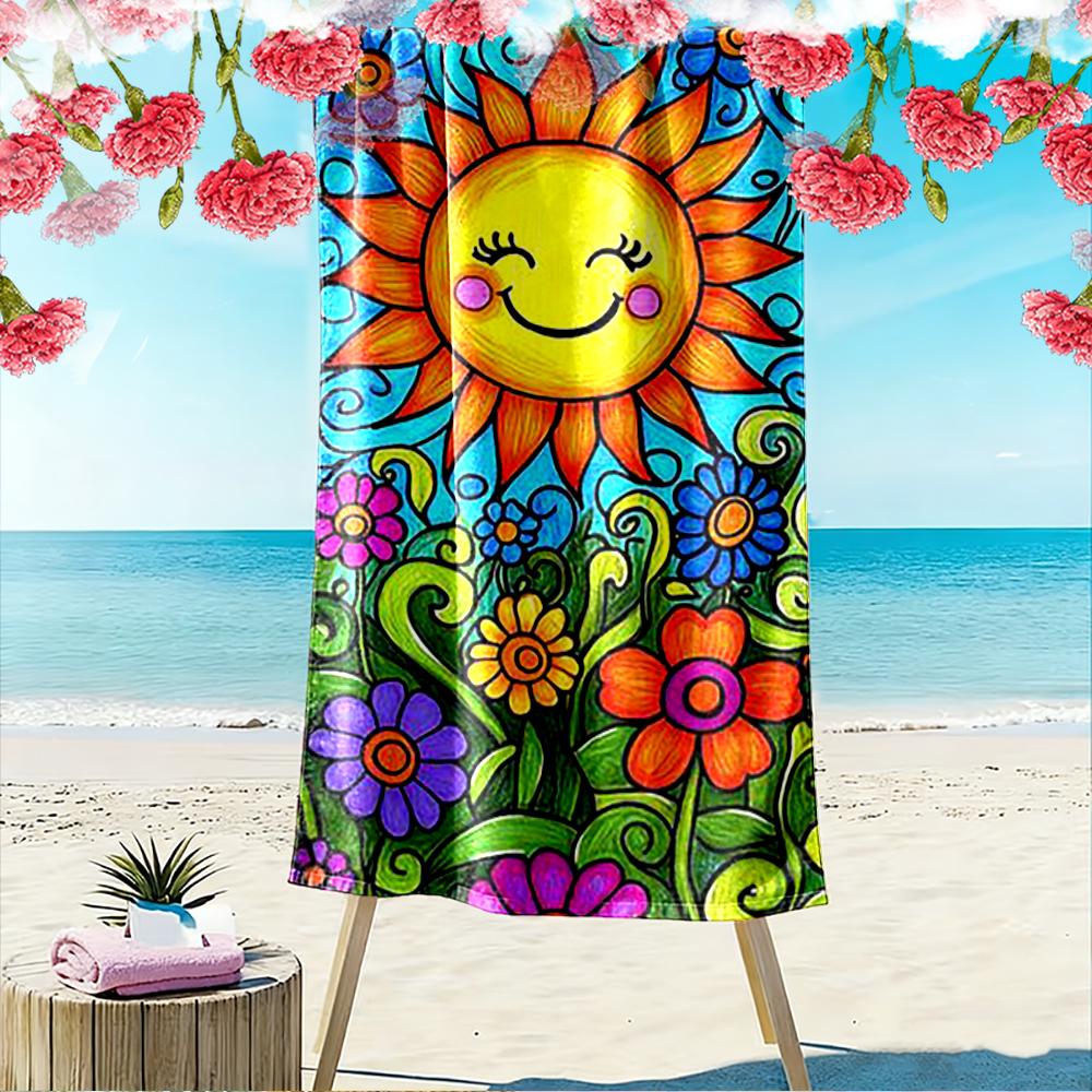 Colorful Smiling Sun with Flowers Design Beach towel quick-drying for travel outdoor sports jogging beach and swimming