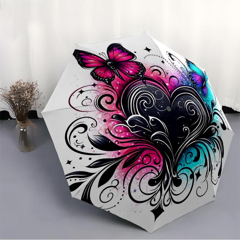 1pc Butterfly Heart Automatic Open/close Umbrella, 8-Rib sturdy structure, Auto Folding/Opening, Portable Travel Umbrella for Women c28