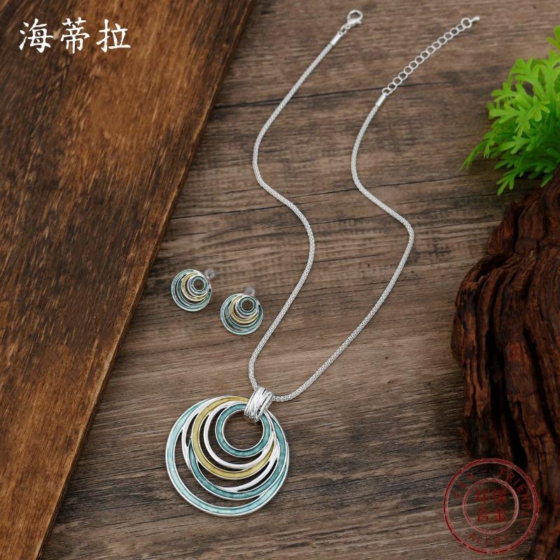 New Enamel Color Hollow Ring Stud Earrings Pendant Set Women's Fashion Simple Ring Necklace Set