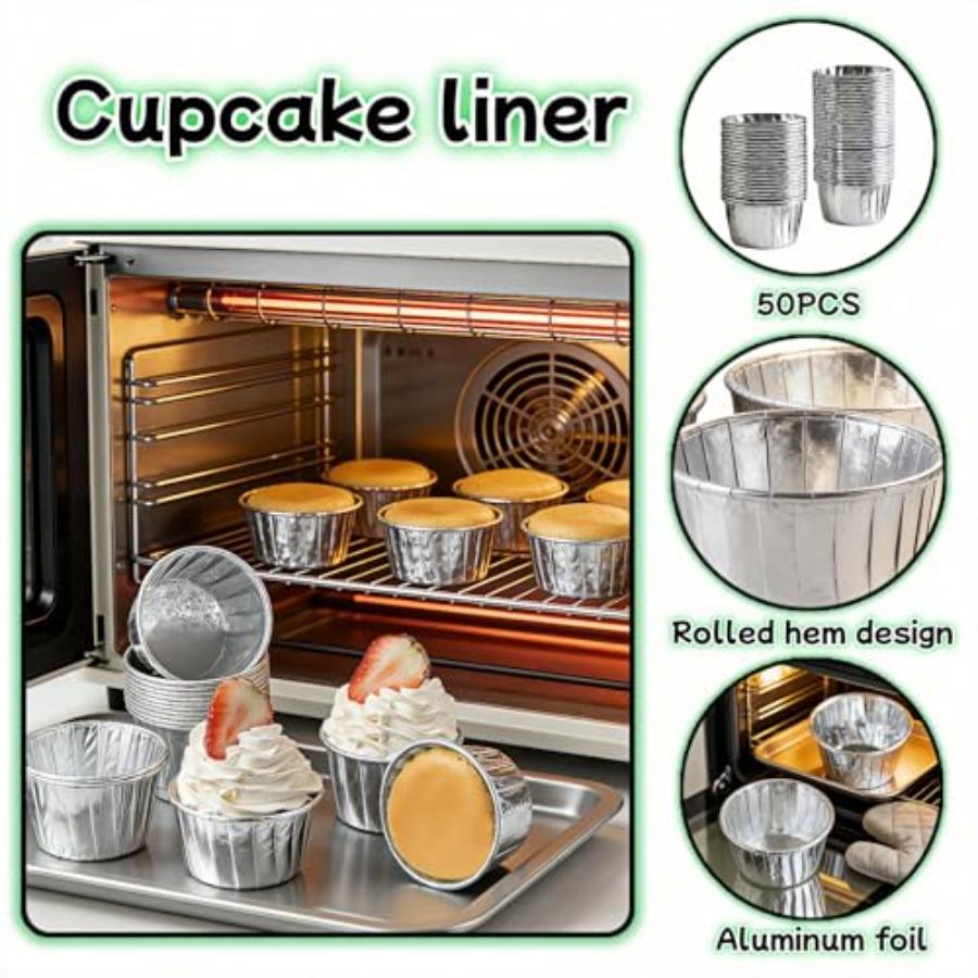 Aluminum Foil Muffin Cups 50 Pack Disposable Baking Cups for Cupcakes, Muffins, Ramekins; Oven Safe to 428F, Silver, Easy Relea