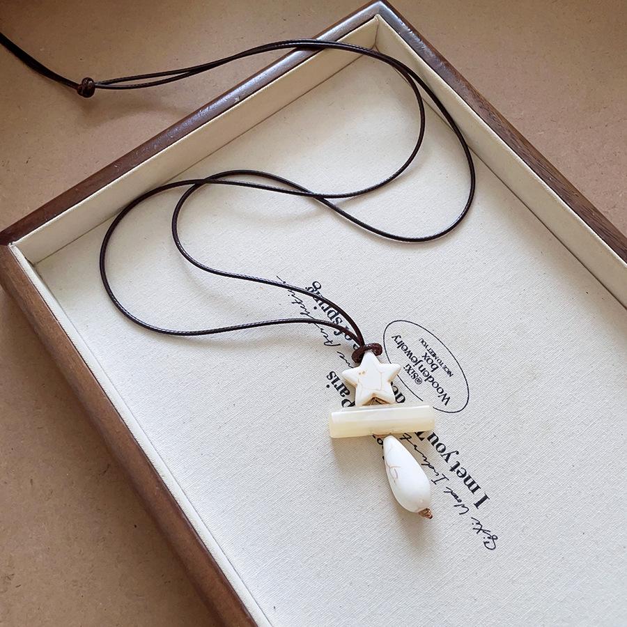 Retro Leather Cord Necklace with Faux Stone, Acrylic Gradient, and Star & Water Drop Charms - Elegant Sweater Chain Jewelry for Women