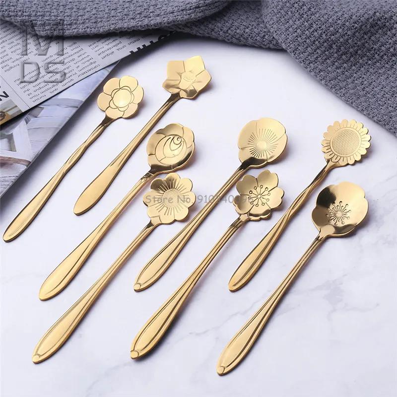 8Pcs Creative Coffee Spoon Stainless Steel Colorful Stirring Milk Teaspoon Dessert Ice Cream Spoon Tableware Flowers Design