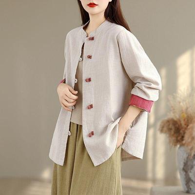 Camicia da donna a blocchi di colore retrò con bottoni a forma di rana: Giacca a Maniche Lunghe in Cotone e Lino con Collo alla Coreana